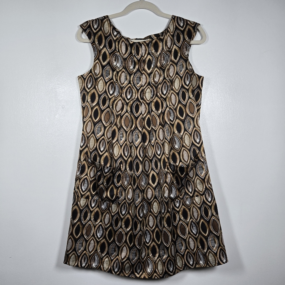 mark. Satin Brown Gold Retro Geometric Print Sleeveless Tunic Shift Dress Small